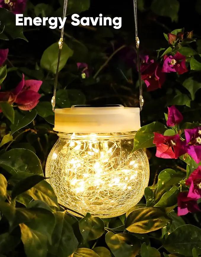 Solar Lantern Solar Lights Outdoor Waterproof 2-Pack, Solar Powered Hanging Lights Cracked Glass Hanging Globes for Christmas Decoration, Shepherd Hook, Garden Tree Ornaments, White Cap, Warm White by GreenHaven Gardens