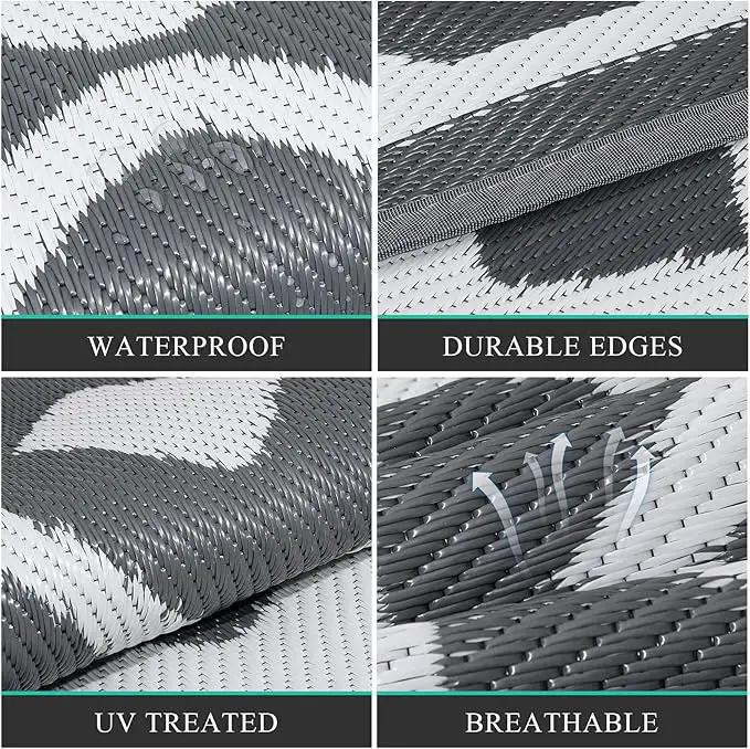 Pauwer Waterproof Outdoor Rug 6x9, Reversible Plastic Straw Patio Camping Rug, Indoor Outdoor RV Mat Carpet for Deck, Camper, Porch, Balcony, Backyard, Picnic, Geometric Grey by GreenHaven Gardens