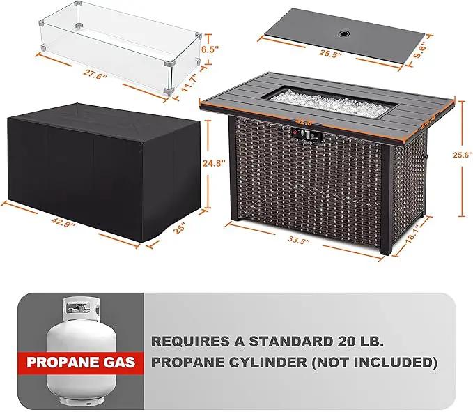 Nuu Garden Outdoor 43 Inch 50,000 BTU Propane Fire Pit Table, CSA Certified Patio Propane Fire Pit with Wind Guard, Lid, Oxford Cover, 7 lbs Glass Stone, Dark Brown by GreenHaven Gardens