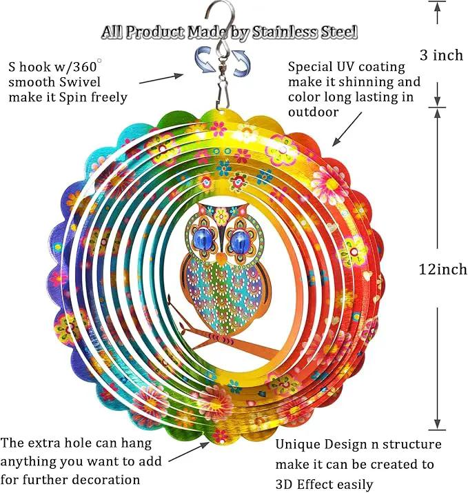 FONMY Wind Spinner Mandala Owl 12 inch 3D Stainless Steel Laser Cut Metal Art Geometric Pattern Hanging Wind Spinner, Kinetic Yard Art Decorations - Indoor/Outdoor Décor by GreenHaven Gardens