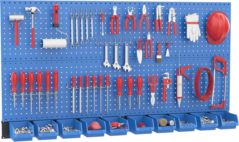 Ultrawall Pegboard Wall Organizer, Blue Metal Peg Board Panels, Garage Storage System with Hooks and Storage Bins, 59pcs by GreenHaven Gardens