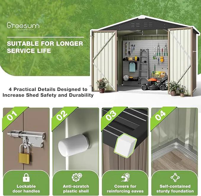 Greesum Outdoor Storage Shed 6 x 8 ft. Utility Tool Shed Metal Storage Garden Shed with Door & Lock for Patio Storage, Brown by GreenHaven Gardens