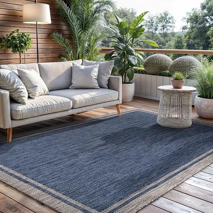 CAMILSON Outdoor Rug, 9x12 Bordered Navy Blue Gray Modern Large Area Rugs for Indoor and Outdoor Patios, Porches Waterproof Washable Porch Deck Outside Carpet (Bordered Navy, 9 x 12) by GreenHaven Gardens