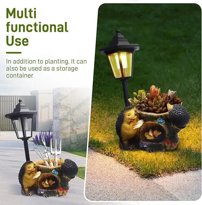 Outdoor Hedgehogs Statues Solar Sculptures with Solar Lights and Flowerpot Funny Garden Decor Animal Figurines Resin Outdoor Statues for Patio Yard Lawn Balcony Gifts by GreenHaven Gardens