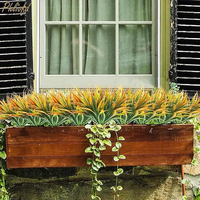 32 Pcs Artificial Grass Fake Plants 17.3in Outdoor Plastic Plants UV Resistant Greenery Fake Grass for Home Window Garden Office Patio Hanging Planter Pathway Front Porch Décor Orange Yellow by GreenHaven Gardens