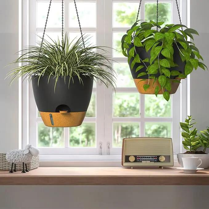 ZMTECH 12 Inch Hanging Planters for Indoor Outdoor Plants, 2 Pack Self Watering Hanging Plant Pots with Drainage Hole, Visual Reservoir, Plastic Flower Hanging Pots with Watering Lip (Black) by GreenHaven Gardens