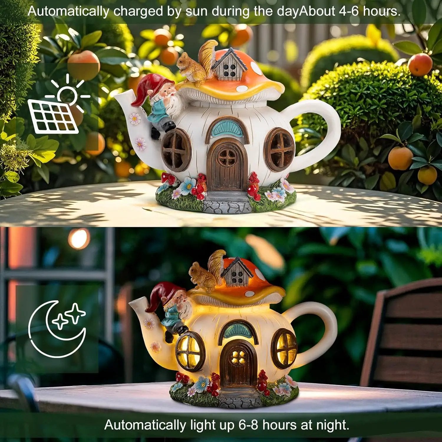 Mushroom Fairy House Garden Decor Solar Light – Outdoor Gnome Statue with Squirrel, Resin Teapot Decorative Figurine for Patio, Lawn, Yard & Balcony, for Women, Mom, and Home by GreenHaven Gardens