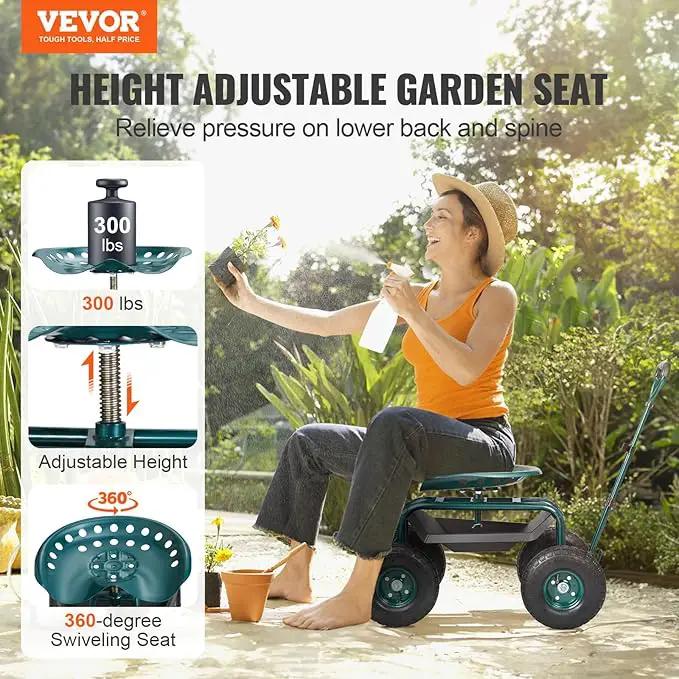 VEVOR Garden Cart Rolling Workseat with Wheels, Gardening Stool for Planting, 360 Degree Swivel Seat, Wagon Scooter with Steering Handle & Utility Tool Tray, Use for Patio, Yard, and Outdoors, Green by GreenHaven Gardens