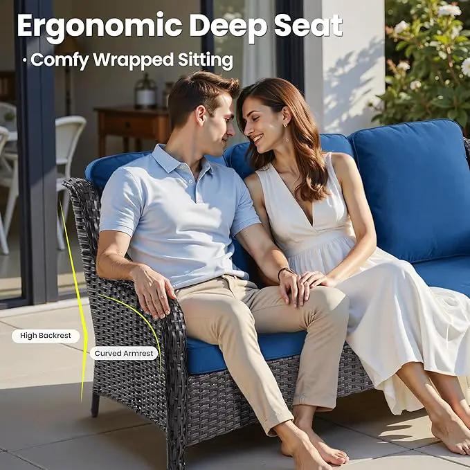 ovios 8 Pieces Patio Furniture Set, Outdoor Wicker Sofas with 2 Chairs, 4 Ottomans and Comfy Cushions, All Weather High Back Couch Set for Deck Porch, Brown Rattan, Navy Blue by GreenHaven Gardens