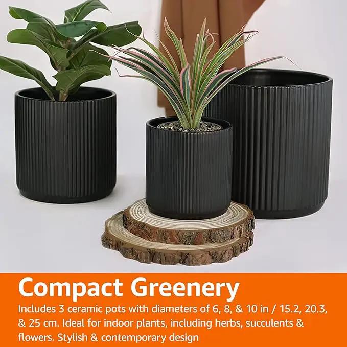 Amazon Basics Assorted Sizes Fluted Ceramic Round Planters, Set of 3, 6 inch, 8 inch, 10 inch, Black by GreenHaven Gardens