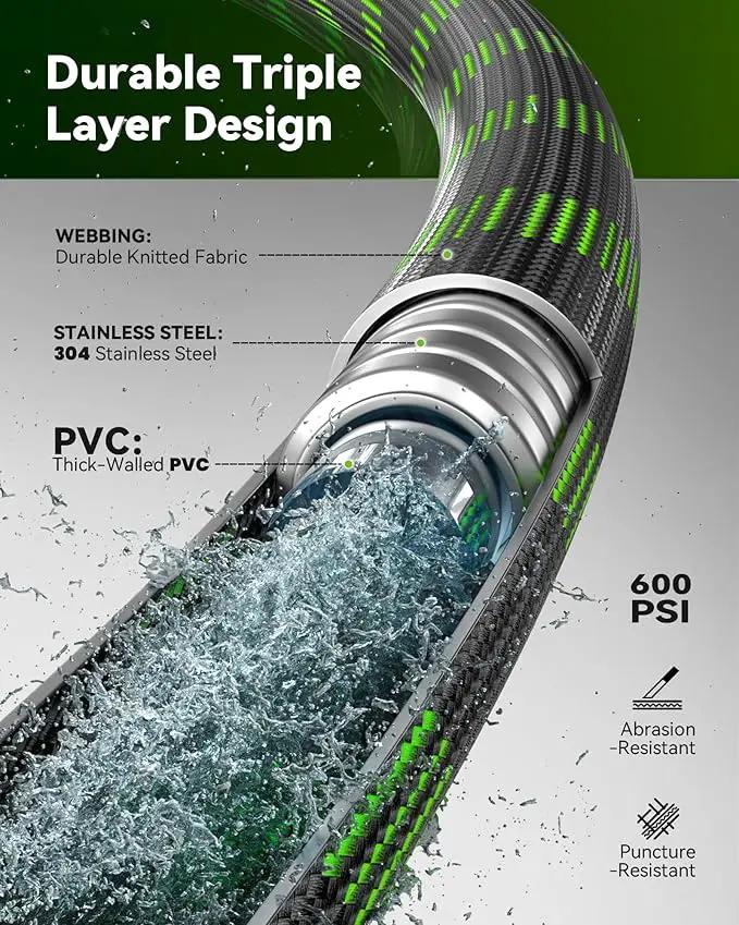 RAINPOINT Metal Garden Hose 25 ft - No-kink 304 Steel Water Hose with 10 mode Nozzle - Brass Connection, Swivel Handle, Flexible Hose,Lightweight, Puncture by GreenHaven Gardens