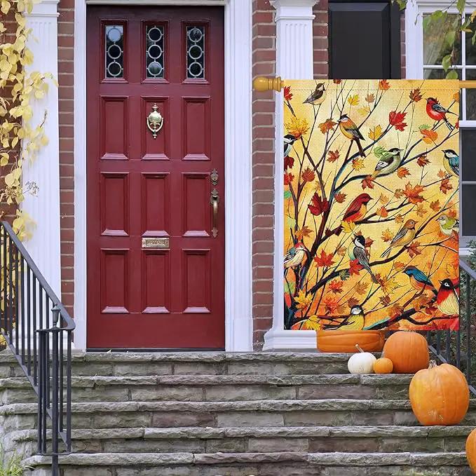 Louise Maelys Welcome Fall Garden House Flag 28x40 Inch Double Sided, Autumn Maple Tree Birds Large Burlap Garden Flag Fall Thanksgiving Outside Outdoor House Yard Decor (Only Flag) by GreenHaven Gardens