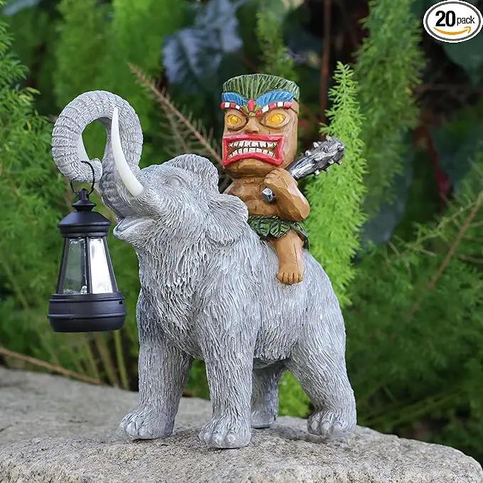 Solar Tiki Statue-Outdoor Statues-Tiki Bar Decor-Solar Powered Light Garden Figurine Tiki Decoration for Bar,Patio,Balcony,Yard,Lawn,Table,Riding A Elephant 9.09 Inches Tall by GreenHaven Gardens