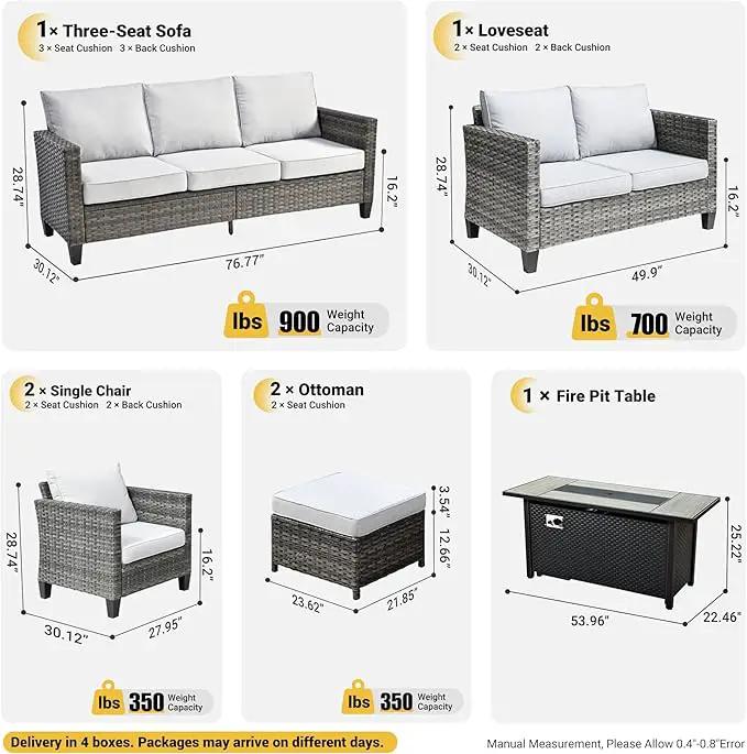 ovios 7 Pieces Patio Furniture Set with 54" Fire Pit Table, Outdoor Wicker Sofa with Comfy Cushions, All Weather High Back Rattan Couch Conversation Set, Grey by GreenHaven Gardens