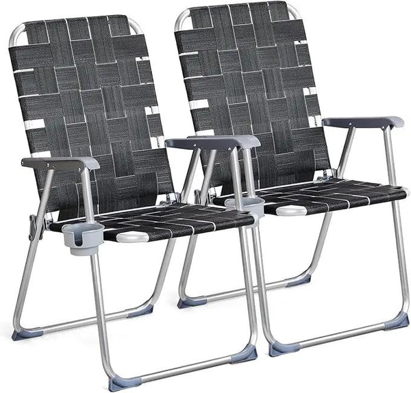 VINGLI Aluminum Patio Lawn Chairs Folding Set of 2 with Detachable Cup Holder, Webbed Beach Chair Folding Chair Outdoor Portable Camping Chair for Yard, Garden