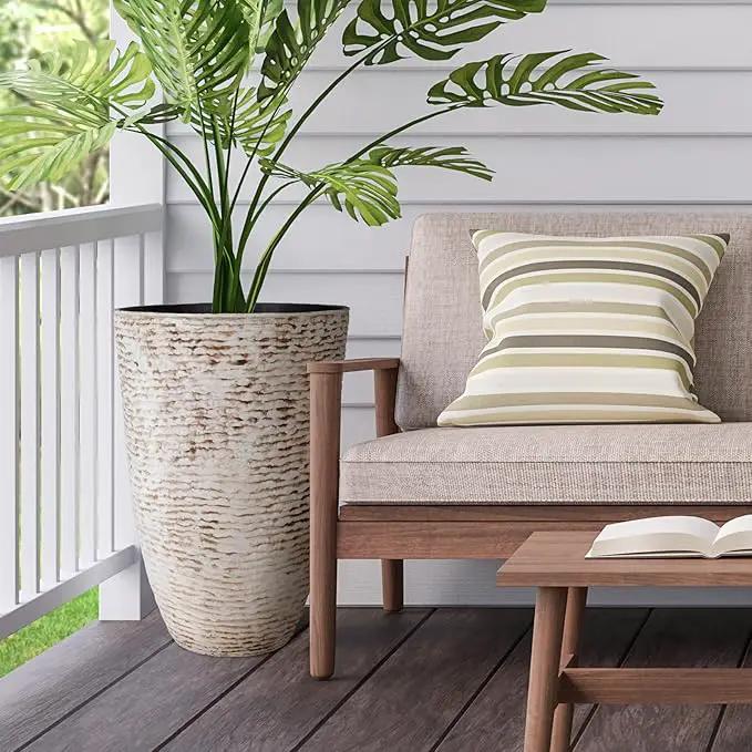 Worth 9 Gallon Tall Round Planters Set of 2-14" Dia x 21" H Stone Finish Flower Pots Indoor Decorative Container Garden Patio Unbreakable Beige by GreenHaven Gardens