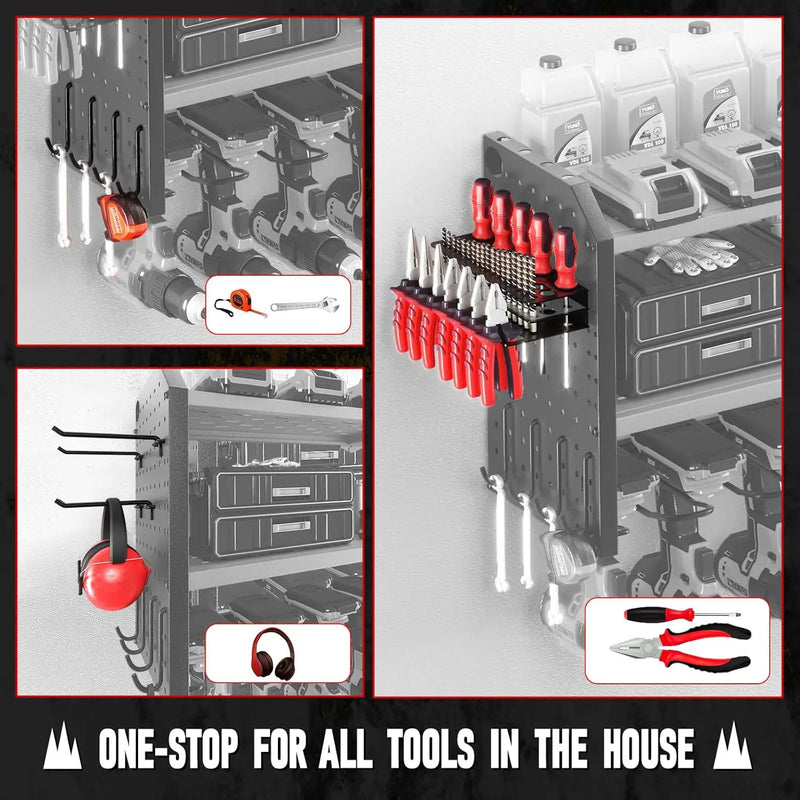 KAFAHOM Power Tool Organizer for Tool Storage, Drill Holder Wall Mount With 2 Side Pegboards, Metal Tool Shelf with 12 Hooks, Tool Organizers Storage Rack, Utility Cordless Drill Rack Red by GreenHaven Gardens