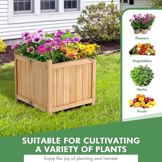 S AFSTAR Outdoor Wooden Planter Box, Folding Raised Garden Bed W/Drainage Hole, Patio Square Plant Container for Flowers, Vegetables, Fruits, Herbs, Collapsible Planting Box for Yard, 15" x 15" x 14" by GreenHaven Gardens