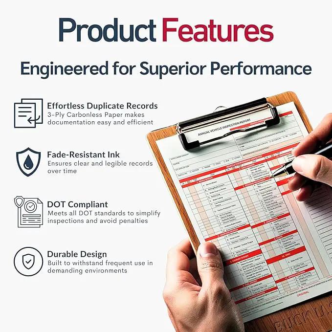 10 Pack 3-Ply Carbonless Annual Vehicle Inspection Report Forms with FMCSA Red Aluminum Adhesive Labels, DOT Inspection Forms and Stickers, Shrink-Wrapped, 8.5" x 11.75" - Made in USA by GreenHaven Gardens