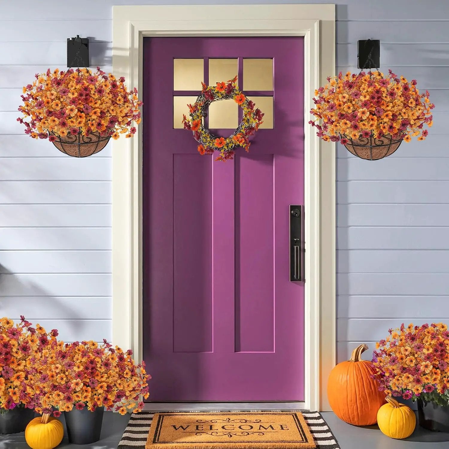 Fall Artfiticial Hanging Flowers Baskets for Outdoors, UV Resistant Fake Fall Hanging Plants, Faux Orange Flowers for Autumn Home Patio Garden Front Porch Balcony Decor (Yellow Red) by GreenHaven Gardens