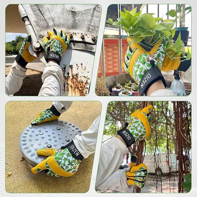 Cowhide Leather Thorn Proof & Puncture Resistant Gardening Gloves for Women, Touchscreen Compatible Working Gloves for Weeding, Digging, Planting, Gardening Gifts for Women (Green bellflowers, Medium) by GreenHaven Gardens