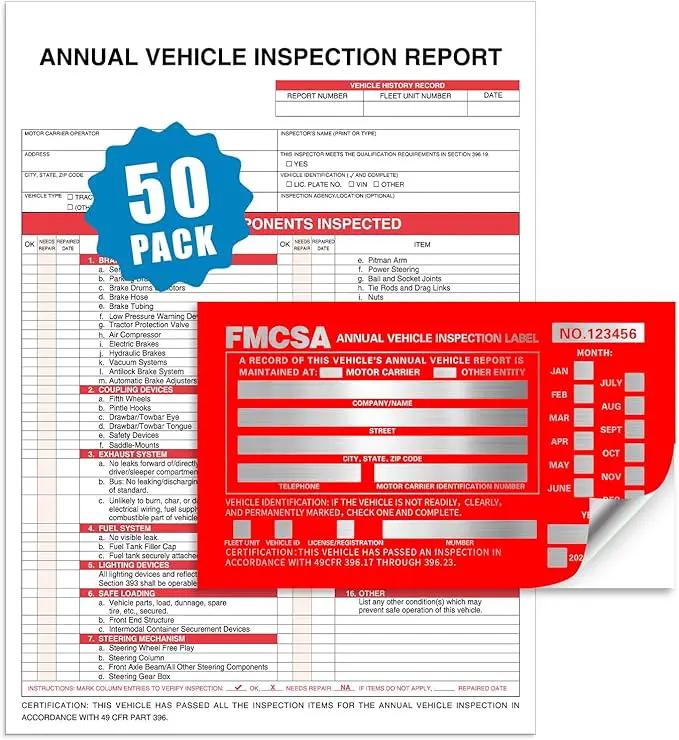 Goldenfox DOT Inspection Forms and Stickers,50-Pack,3-Ply Carbonless Annual Vehicle Inspection Report Form(8.5" x 11.75) with Red Exterior Aluminum Inspection Label(6"x3.5"), Permanent Adhesive. by GreenHaven Gardens
