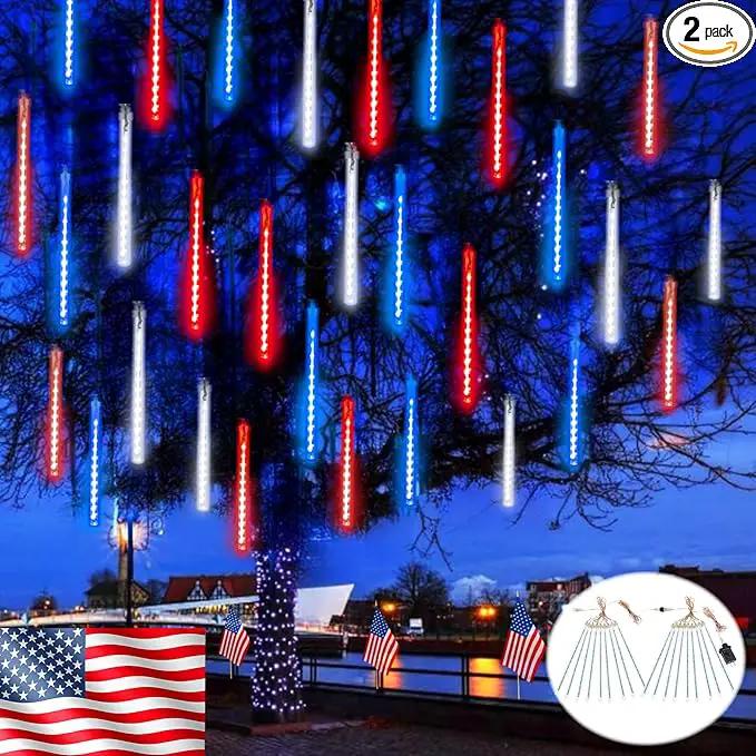 2-Pack 4th of July Lights Outdoor, 18 Tubes 432 LEDs Meteor Shower Lights Plug in, Patriotic String Lights Cascading Lighting for Inpendence National Memorial Day Garden Tree Decor(Red Blue and White) by GreenHaven Gardens