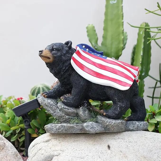 Garden Statue Bear,Solar American Flag Bear Ourdoor Statue,Garden Decor Bears Solar Light,Resin Figurine Lights,Outdoor Decor for Patio,Porch,Balcony,Yard,Lawn by GreenHaven Gardens