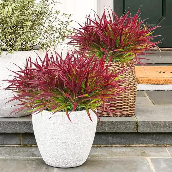 Uieke 12 Bundles Artificial Outdoor Plants UV Resistant Fake Grass Plants Faux Plastic Plants Greenery Shrubs for Home Garden Pathway Window Box Front Porch Spring Summer Decor, Deep Red by GreenHaven Gardens