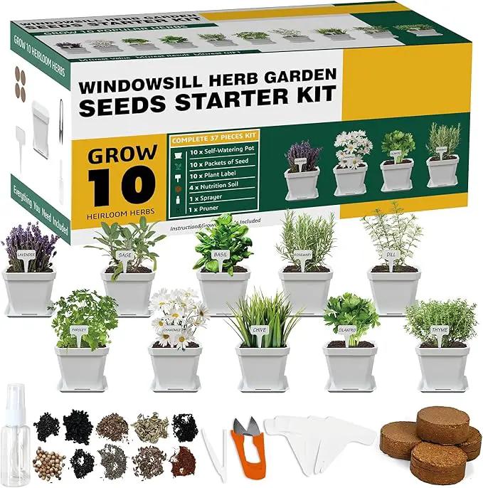 10 Herb Seeds Garden Starter Grow Kit with White Pots, Markers, Nutritional Soil, Watering, Herb Clipper, Complete Indoor Potted Plant Growing Set for Kitchen DIY by GreenHaven Gardens