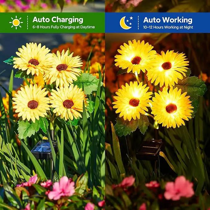 4 Pack Outdoor Solar Garden Lights with 16 Glowing Daisy Flowers & Stems, Waterproof Auto ON/Off Solar Flowers Lights for Yard Patio by GreenHaven Gardens