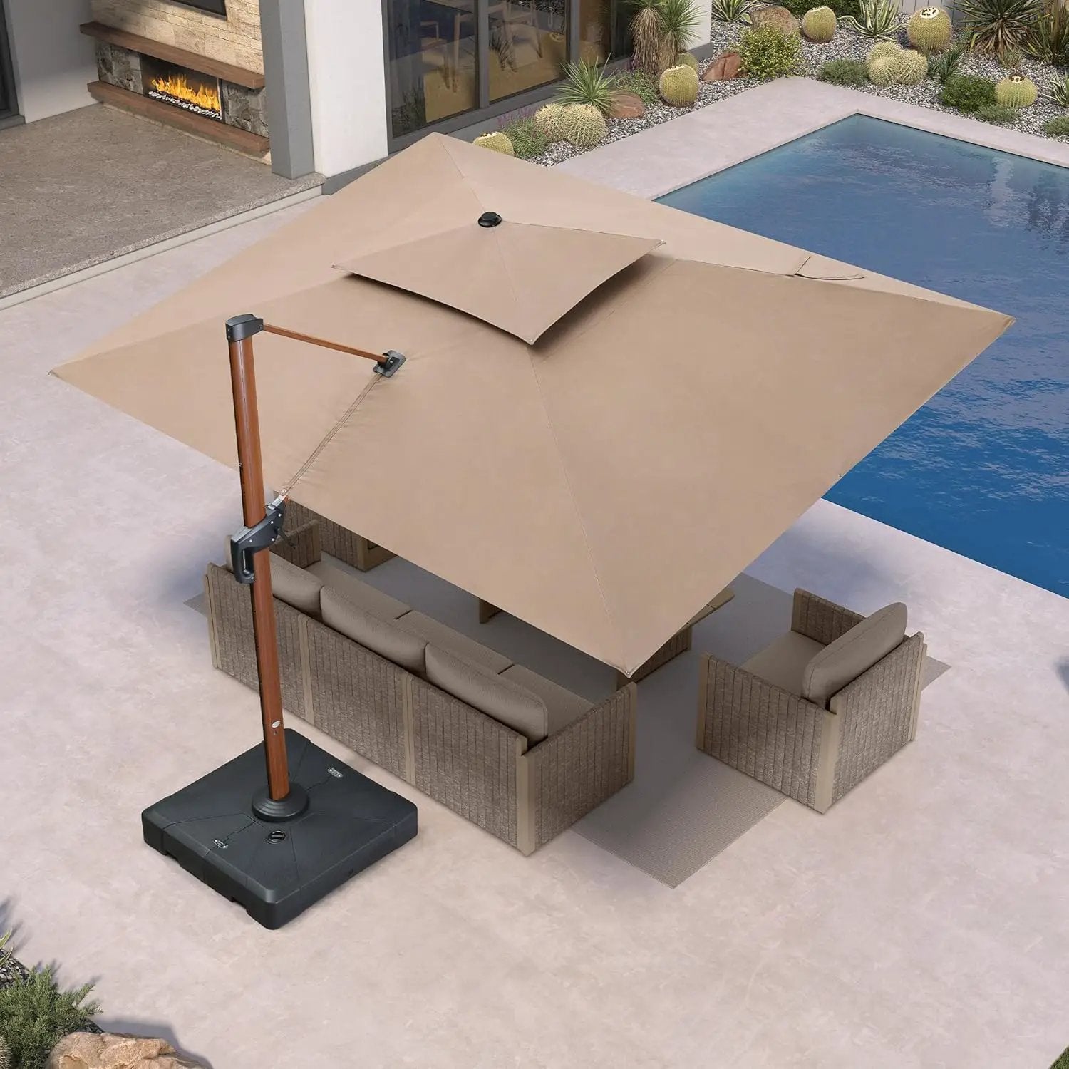 PURPLE LEAF 9' X 12' Patio Large Cantilever Umbrella Outdoor Round Wood Umbrellas Offset Umbrella Heavy Duty Sun Umbrellas for Garden Deck Pool, Deep Beige by GreenHaven Gardens