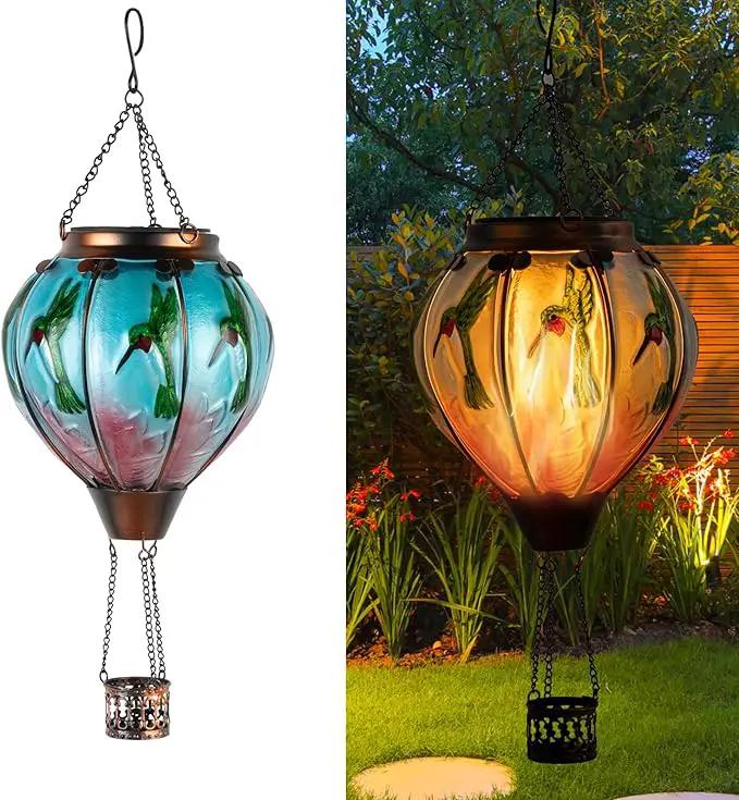 Hummingbird Hot Air Balloon Hanging Solar Lantern Lights, Flickering Flame Solar LED Candle Lights Outdoor Garden Decorative Metal & Glass Waterproof Lanterns for Yard Patio Farmhouse Decoration by GreenHaven Gardens