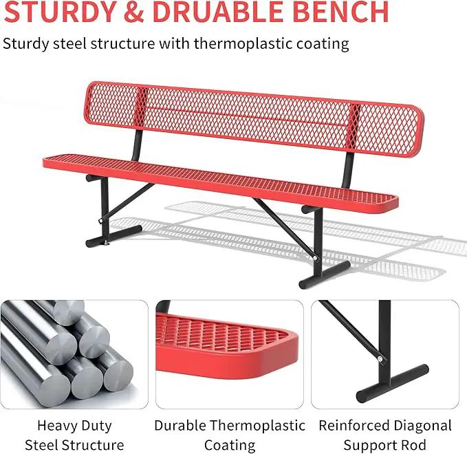 4/6/8 Feet Park Bench for Outside Heavy Duty Metal, Garden Benches Outdoor Bench with Backrest & Portable Frame, for Shopping Malls Stores Parks Patios Decks, Red by GreenHaven Gardens