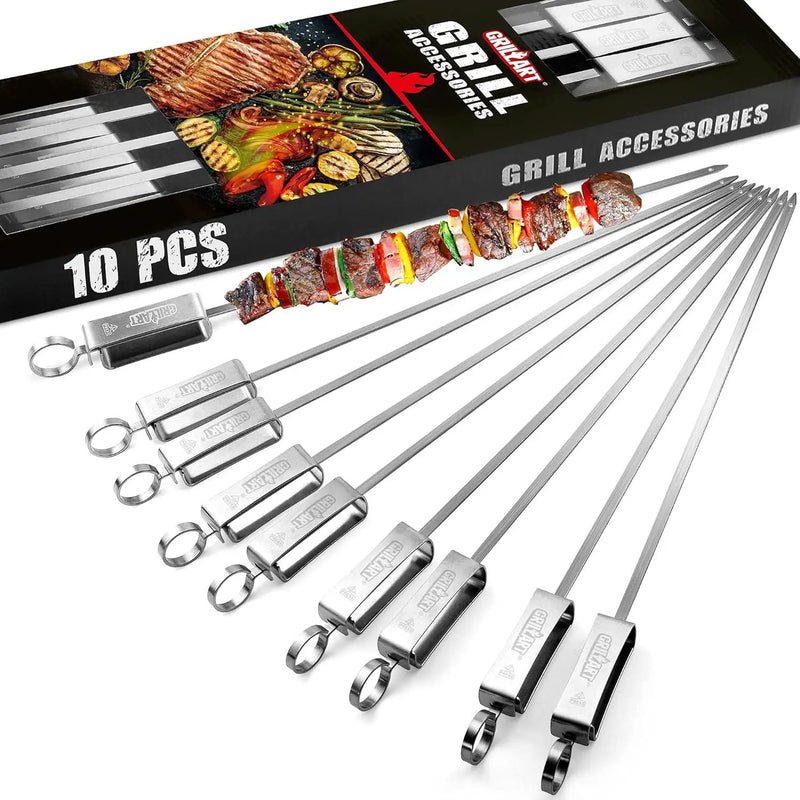 GRILLART Kabob Skewers for Grilling - Metal Skewers for Kabobs with Slider - Flat BBQ Skewers Stainless Steel - 17" Shish Kabob Grill Skewers & Ideal Kabob Sticks for Meat Shrimp Chicken Veggie(10PCS) by GreenHaven Gardens