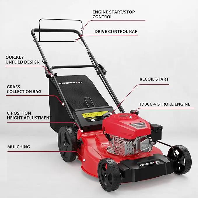 PowerSmart Self Propelled Gas Lawn Mower, 21-Inch with 170cc 4-Cycle OHV Engine 2-in-1 Rear-Wheel Drive Lawnmower with Bagging by GreenHaven Gardens