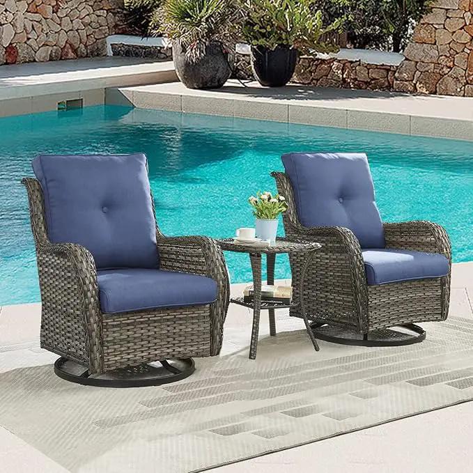 Outdoor Patio Swivel Rocker Chairs - 3 Piece Patio Bistro Set,Wicker Patio Furniture Set with 2 Swivel Rocking Chairs and 1 Glass Top Side Table for Deck Porch Garden,Mixed Grey/Blue by GreenHaven Gardens