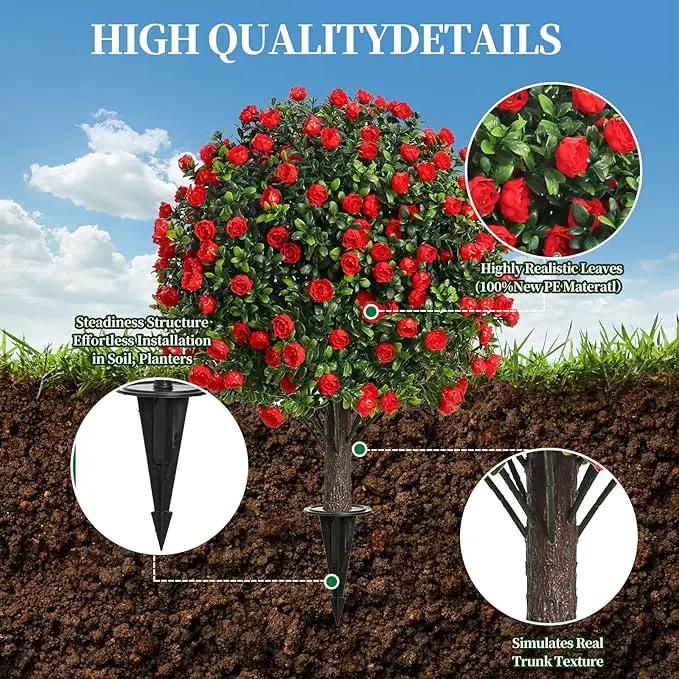 Artificial Rose Topiary Trees, 17 Inch UV-Resistant Red Flowers, Set of 2 with Ground Stakes, Indoor Outdoor Decorative Plants by GreenHaven Gardens