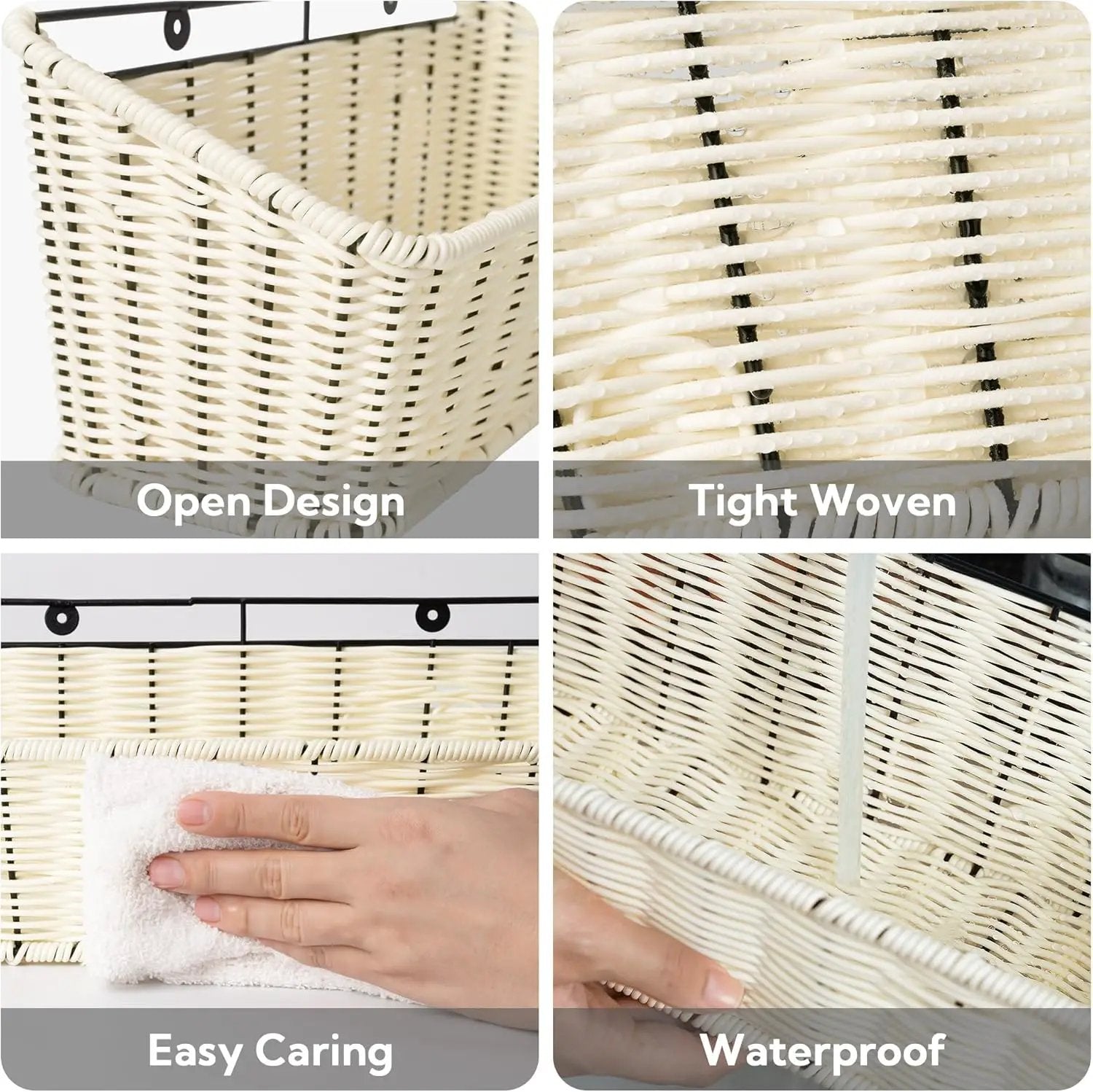 GRANNY SAYS Wicker Hanging Basket, 2 Pack Storage Baskets for Organizing, Adhesive Wall Mount Fruit Basket, Kitchen Organization Hanging Shelves, Storage Cabinet Door Organizer, Off White by GreenHaven Gardens