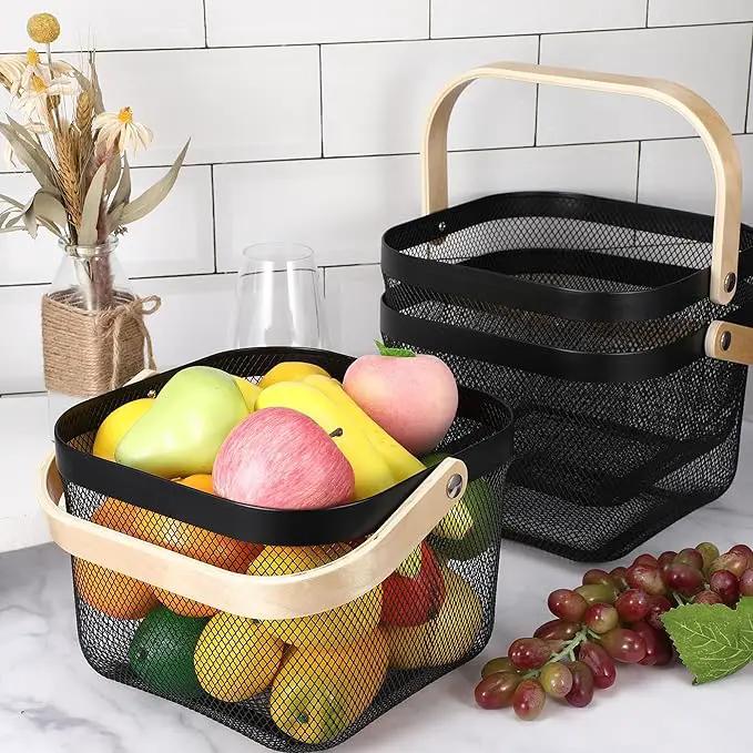 2 Pack Garden Harvest Baskets, Picnic Baskets with Durable Metal Mesh and Bamboo Handle, Perfect for Shopping, Gardening, Picnics, and Organizing by GreenHaven Gardens