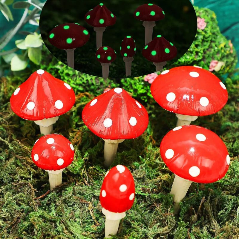 Juegoal Set of 6 Fairy Garden Miniature Mushrooms Statues, Glow in Dark Mini Red Mushroom Resin Figurines, Outdoor Garden Yard Art Accessories, Fly Agarics Sculpture Lawn Ornament Decorations by GreenHaven Gardens