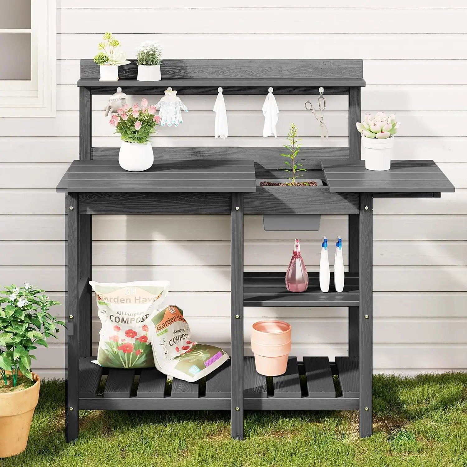 SERWALL Potting Bench Outdoor Potting Table with Sink, HDPE Potting Benches for Outside Gardening Table All Weather Use- Gray by GreenHaven Gardens