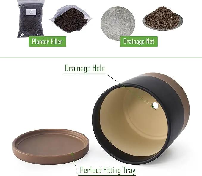 D'vine Dev 8 Inch Ceramic Planter Pot with Drainage Hole and Saucer, Indoor Cylinder Round Planter Pot, Black/Speckled Tan, 94-O-D-7 by GreenHaven Gardens