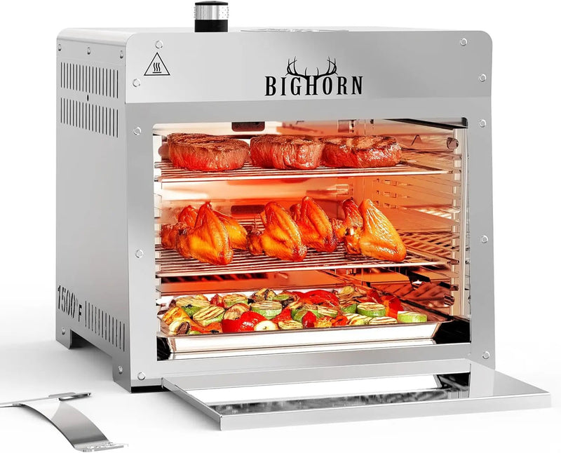 BIG HORN OUTDOORS 1500°F Small Infrared Propane Gas Grill – Portable Steak Broiler & Sear Station, Outdoor Salamander BBQ with Pizza Stone, Stainless Steel by GreenHaven Gardens