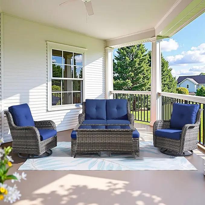Wicker Outdoor Furniture Patio Furniture Set - 6 Piece Patio Conversation Set with Swivel Rocker Chairs, Loveseat Sofa, Ottomans and Coffee Table, Blue Cushion by GreenHaven Gardens