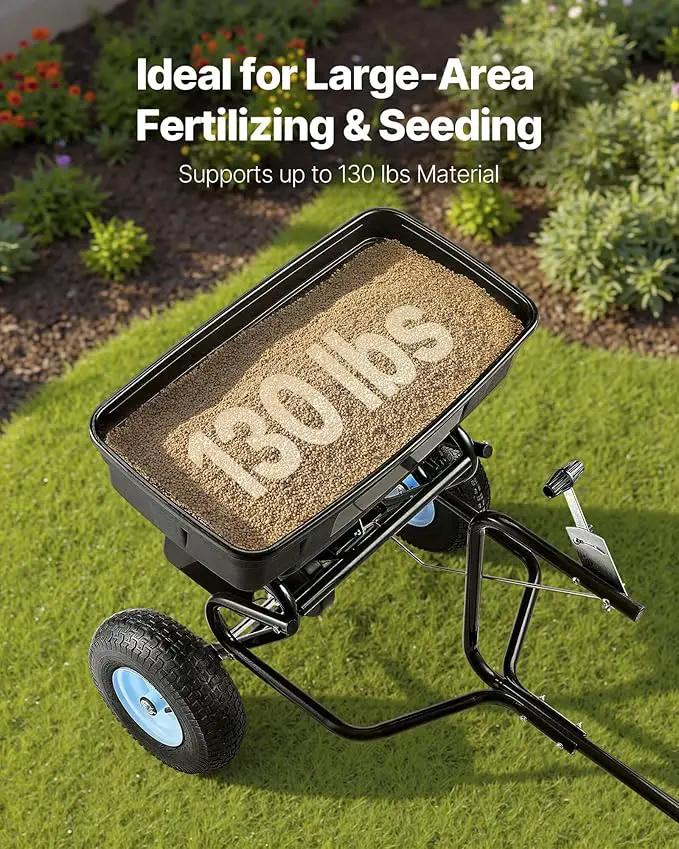 VEVOR Tow Behind Broadcast Spreader, 130LBS Capacity, Tow-Behind Lawn Spreader with 13 in Tires, 30 Adjustable Setting & 9.8 ft Spreading Width, Lawn Spreaders for Seed, Fertilizer, Salt, Ice Melt by GreenHaven Gardens