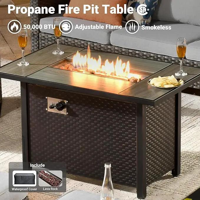 ovios 7 Pieces Patio Furniture Set with 42" Fire Pit Table, Outdoor Wicker Sofa with Swivel Chairs, All Weather High Back Rattan Couch Conversation Set, Grey by GreenHaven Gardens