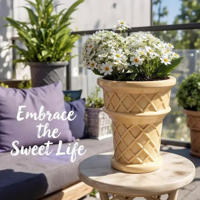 Fun & Unique Ice Cream Cone Flower Planter Charming 7" Tall Ceramic Vase for Indoor & Outdoor Home Decor – Quirky Retro Garden Art for Plant Lovers by GreenHaven Gardens