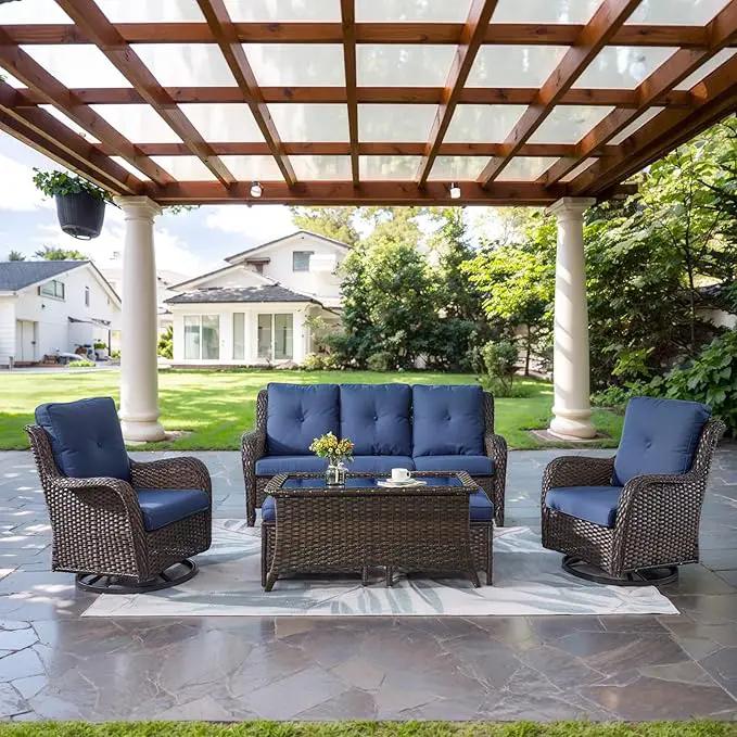 Wicker Outdoor Furniture Patio Furniture Set - 6 Piece Patio Conversation Set with Swivel Rocker Chairs, Rattan Sofa, Ottomans and Coffee Table, Blue Cushion by GreenHaven Gardens