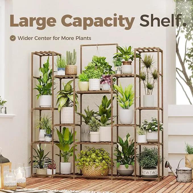 Bamworld Large Plant Shelf Plant Stand Indoor Hanging Tall Outdoor Plant Holder Wood for Multiple Plants Plant Rack for Living Room Garden Balcony Flower 17 Pots Wide by GreenHaven Gardens